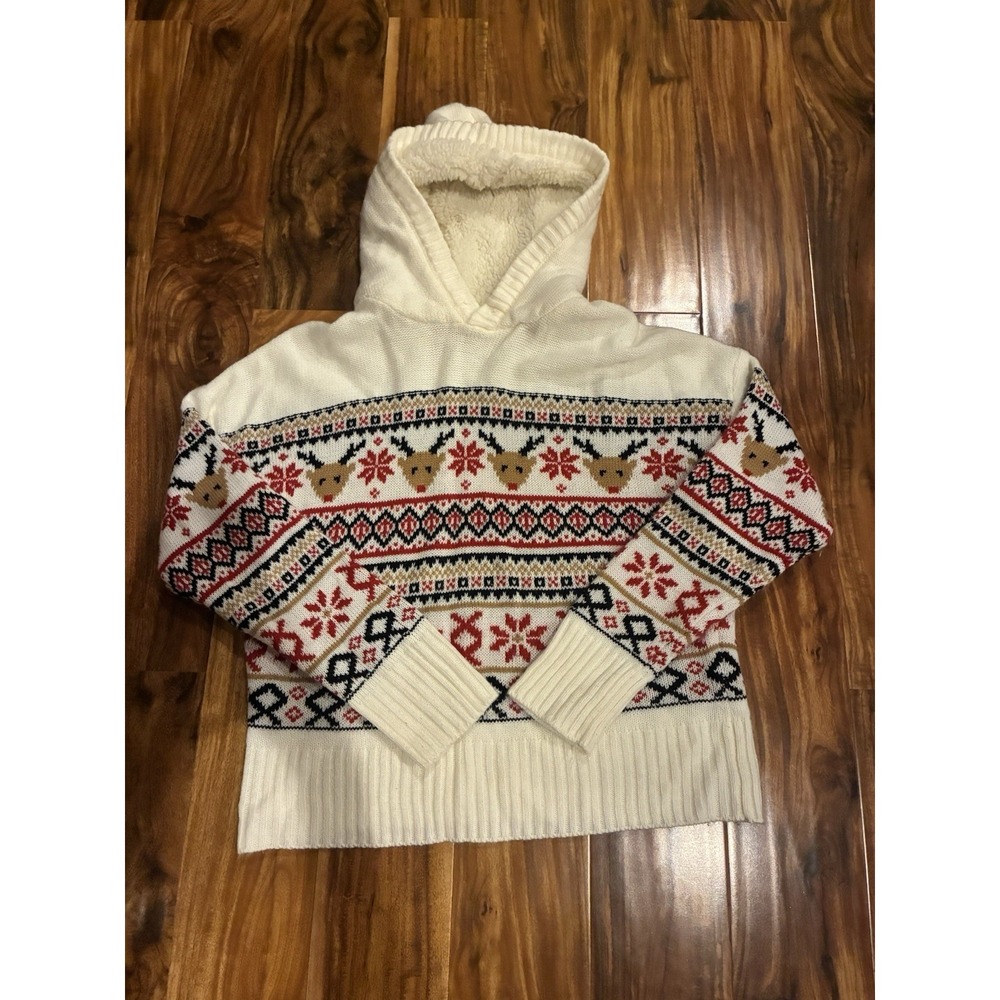 Boundaries Women's L 11-13 Reindeer Christmas Sweater Hoodie Pom Pom Fair Isle